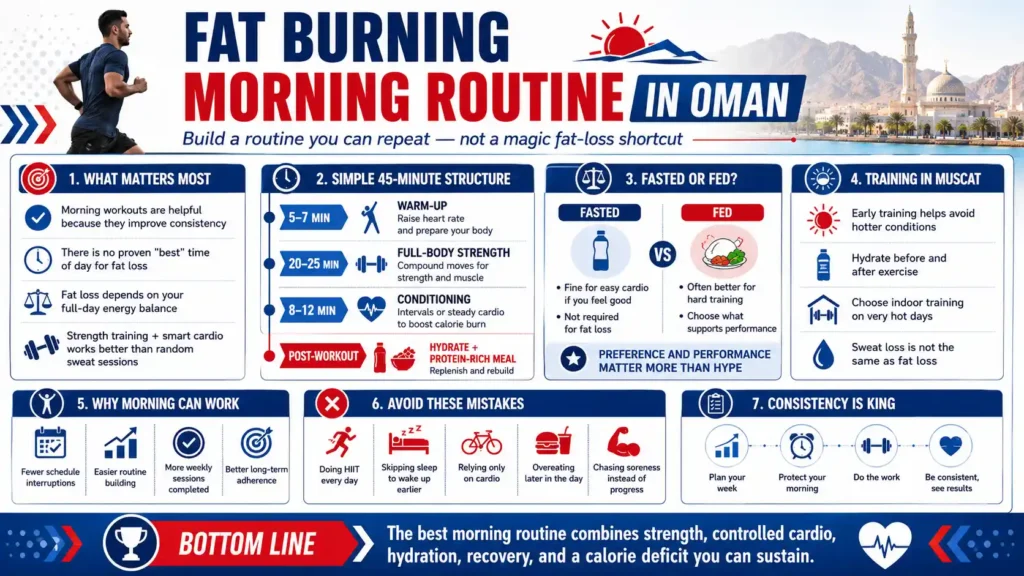 Blue and red infographic explaining a fat burning morning routine in Oman with strength training, cardio, hydration, fasted training, and consistency tips.