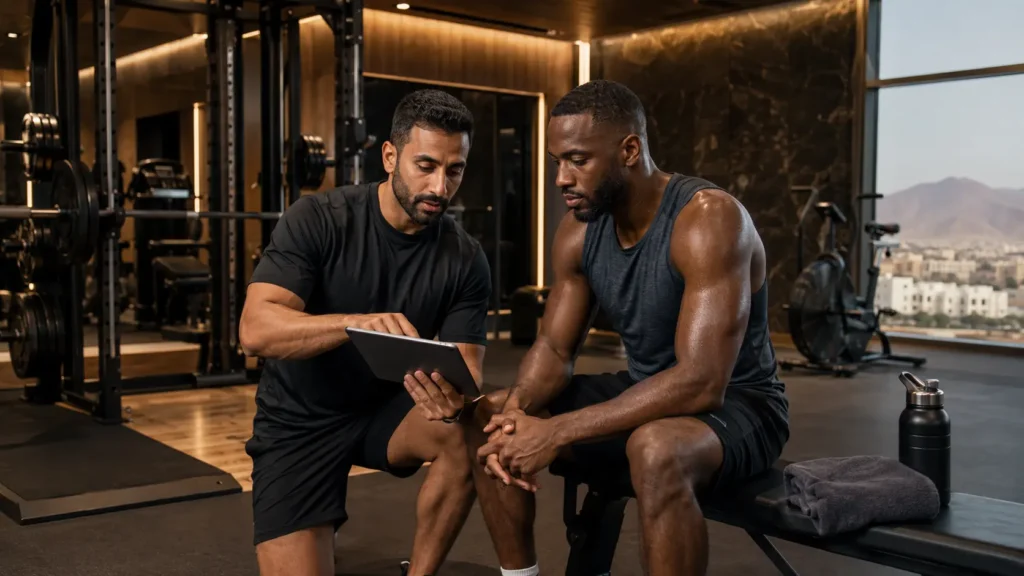 Fitness coach reviewing workout and recovery data with athletic client in a luxury gym in Muscat, Oman