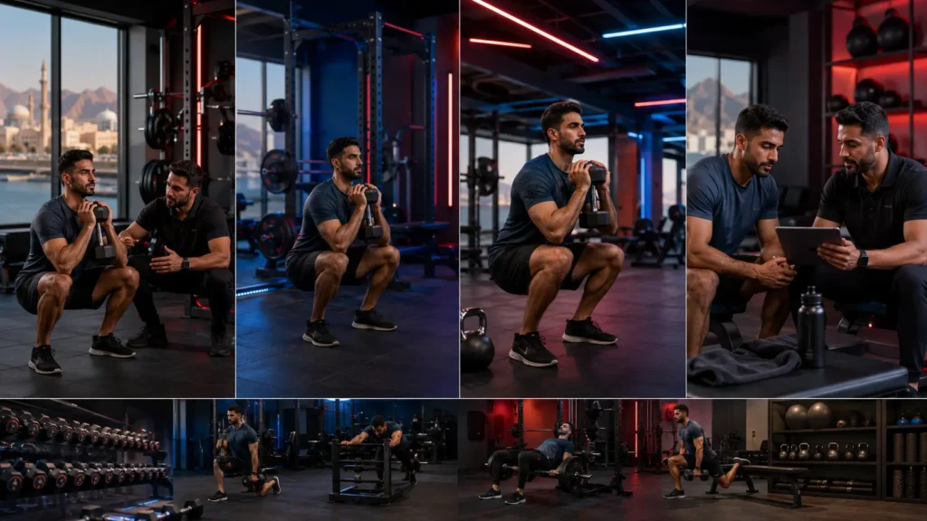Split-screen fitness image showing four weeks of controlled training, progression, coaching, and workout review in a Muscat gym.