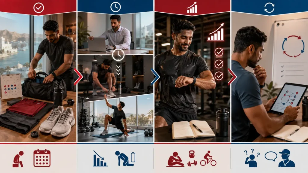 Split-screen fitness psychology visual showing a four-week workout reset with planning, training cues, progress tracking and routine review.