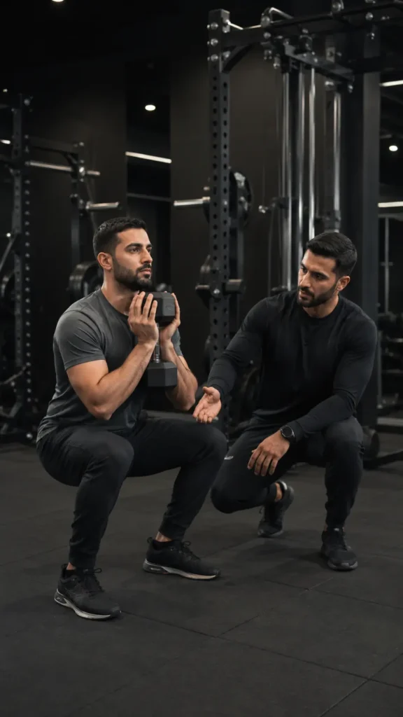Middle Eastern fitness coach correcting goblet squat technique during a personal training session in a premium Muscat gym.