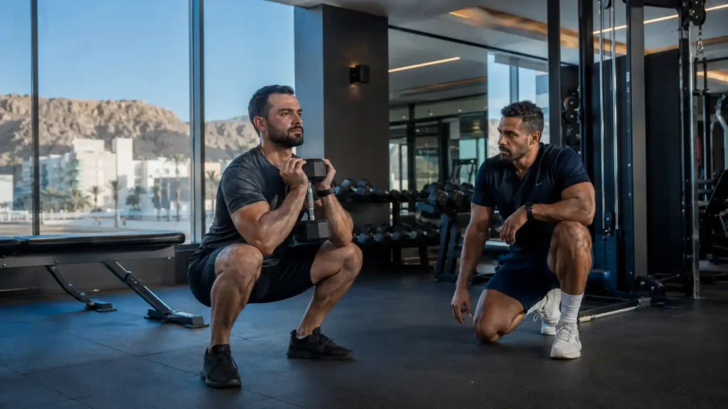 Professional coach observing a gym member performing a controlled goblet squat during an early morning workout in Muscat, Oman.
