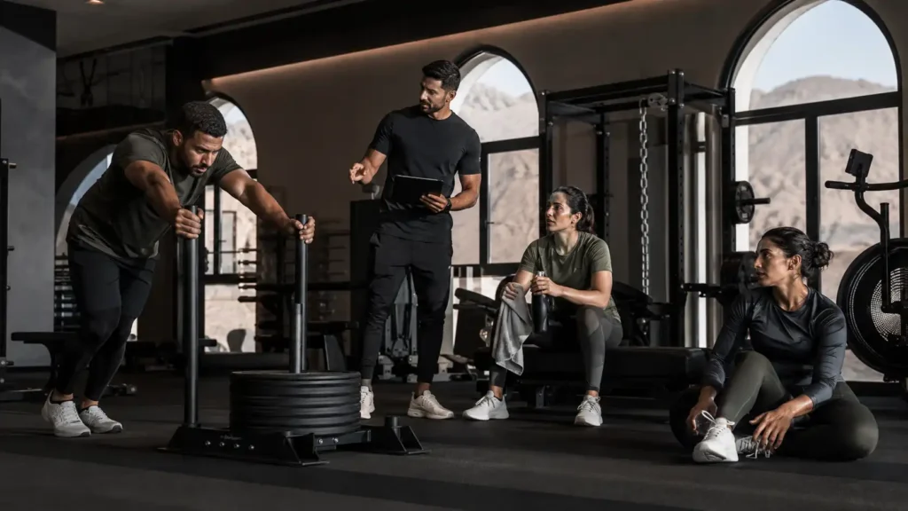 Small group training session in a premium Muscat gym with a coach, showing accountability, support and structured fitness progress.
