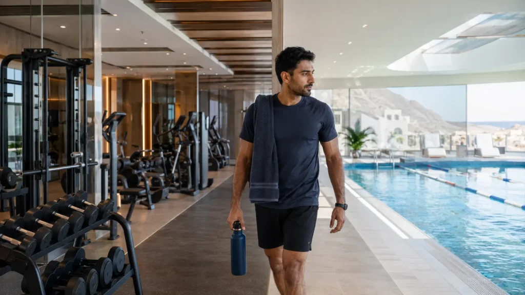 Active gym member walking between strength equipment and a swimming pool at a premium fitness club in Muscat, Oman.