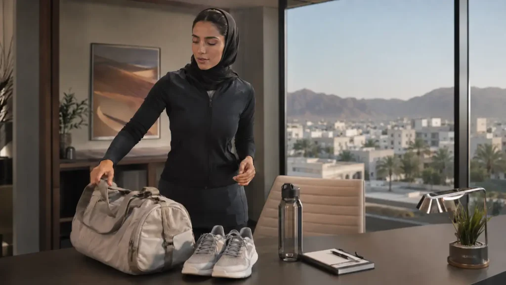 Active woman preparing a gym bag in Muscat, illustrating workout habit formation, exercise cues and reduced decision friction.