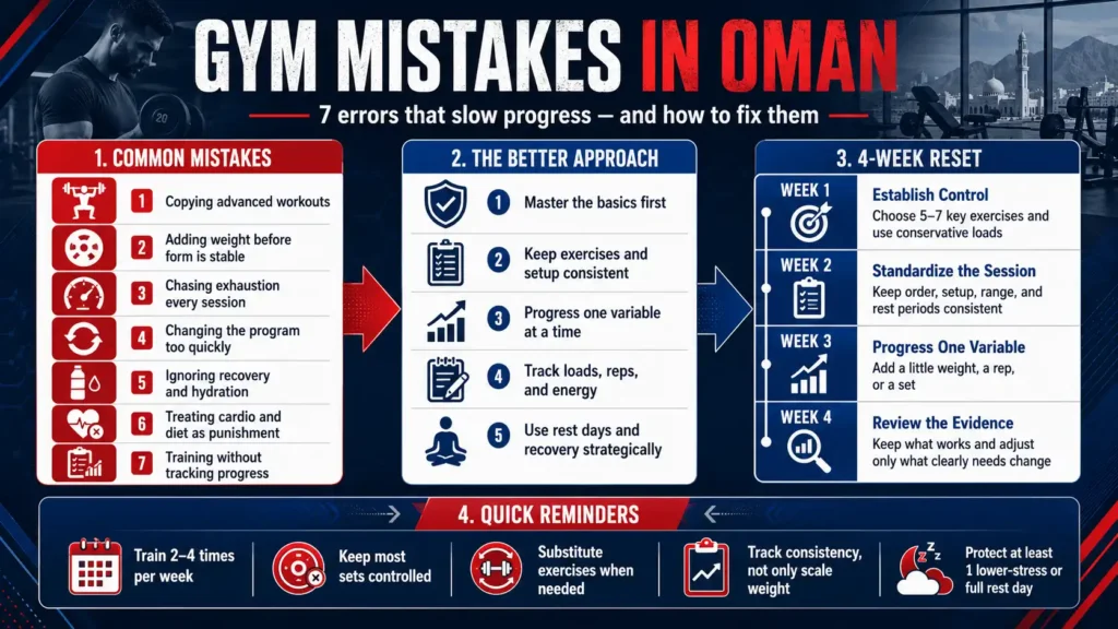 Infographic showing seven common gym mistakes in Oman, smarter training solutions, and a four-week beginner workout reset.