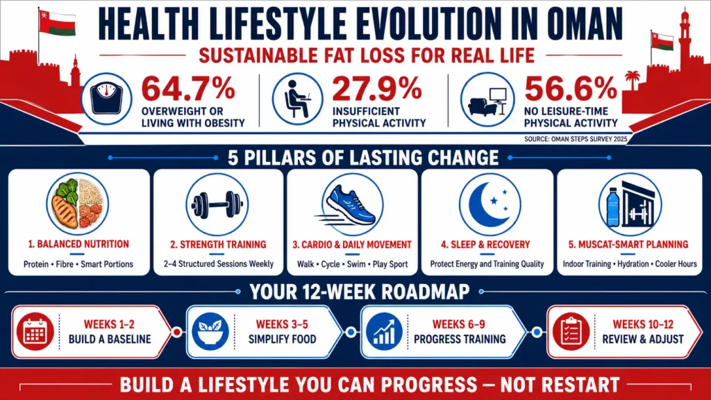 Health Lifestyle Evolution in Oman infographic showing fat-loss statistics, five healthy lifestyle pillars, and a 12-week plan