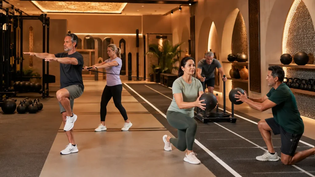 Adults performing mobility and balance training in a luxury functional fitness gym in Muscat, Oman.
