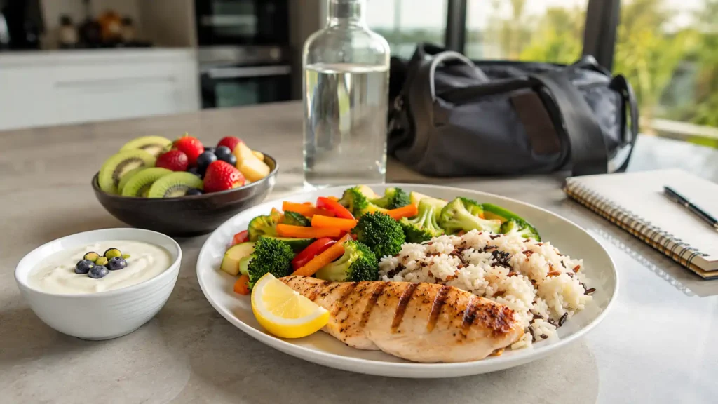 Balanced high-protein meal with grilled chicken, rice, vegetables, yogurt, fruit, and water prepared for an active adult in Oman.