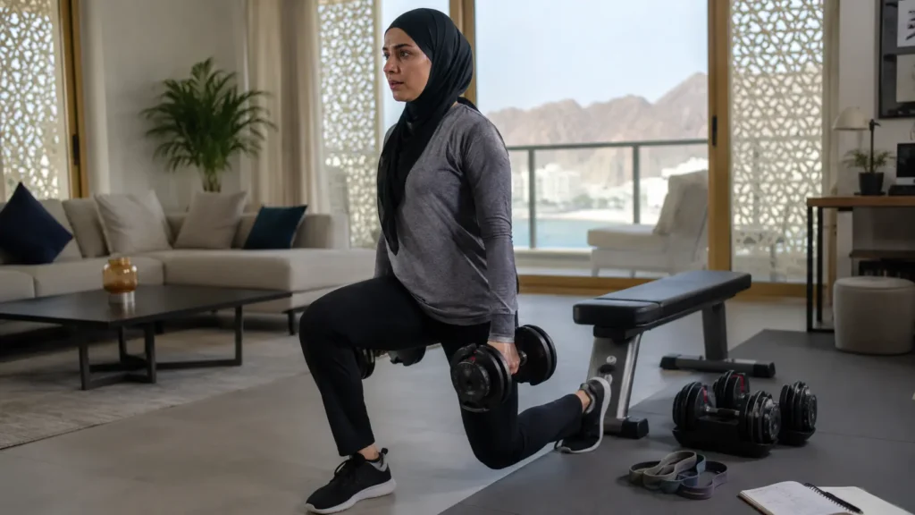 Athletic woman performing a controlled dumbbell split squat during a home workout in a modern Muscat apartment.