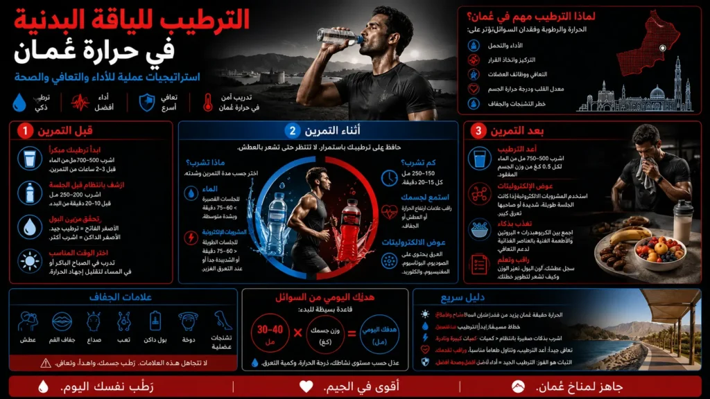 إنفوجرافيك عربي يشرح الترطيب قبل وأثناء وبعد التمرين واستخدام الماء والإلكتروليتات في مناخ عُمان الحار