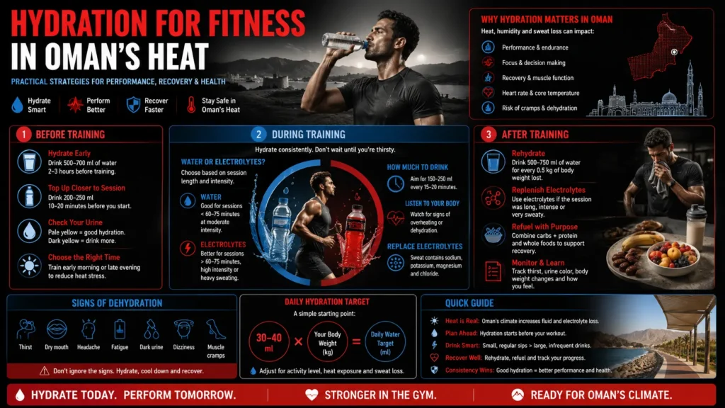 Hydration fitness infographic showing water, electrolyte, dehydration, and workout recovery guidance for training in Oman