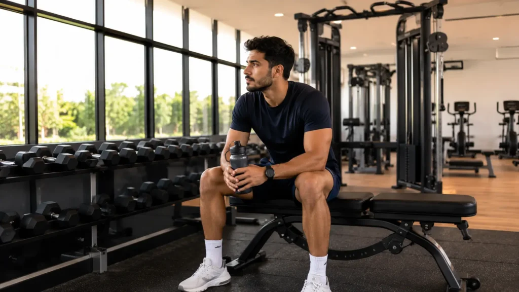 Active individual gym member resting with a water bottle inside a modern fitness club in Muscat, Oman.