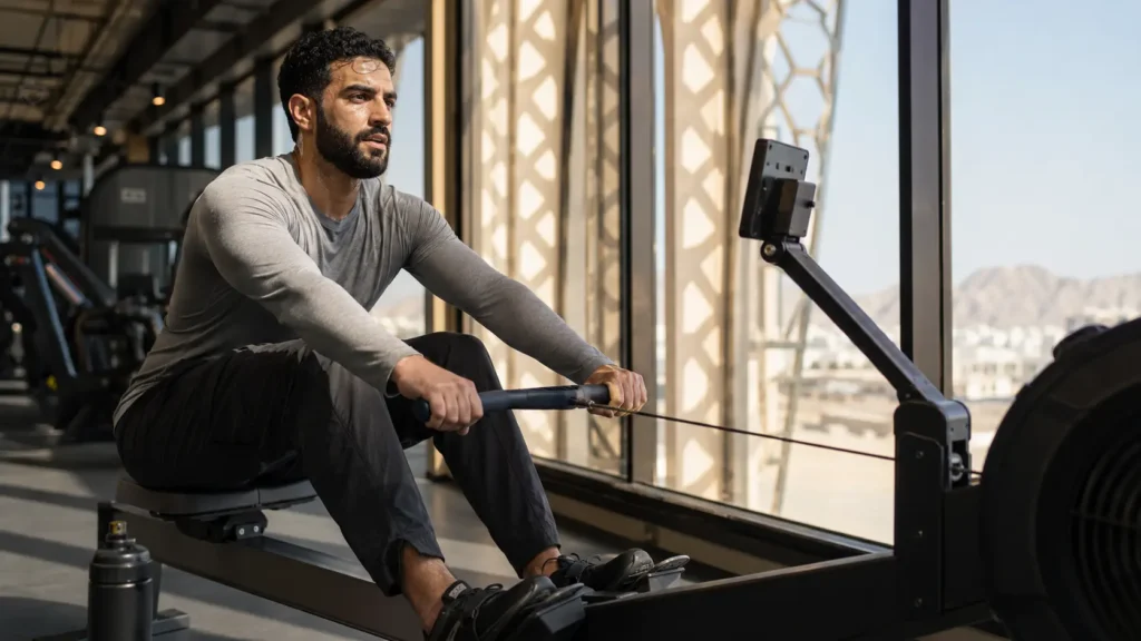 Athletic Middle Eastern man completing a controlled rowing warm-up inside a climate-controlled gym in Muscat, Oman.