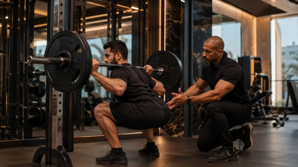 Professional coach correcting squat form for injury prevention and safe training in a luxury gym in Muscat, Oman.