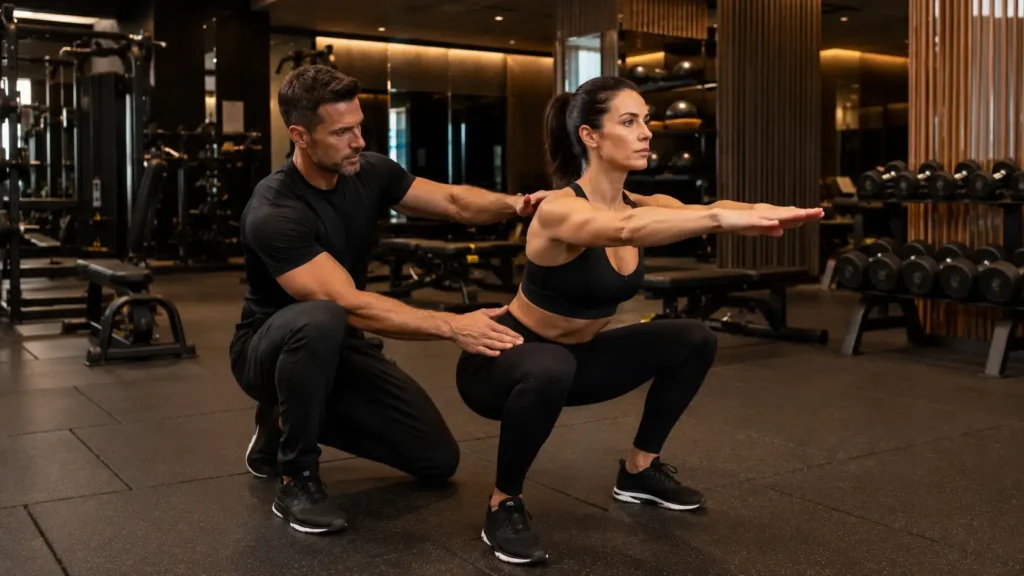 Trainer assessing squat posture and movement control during a longevity fitness session in a premium gym in Muscat, Oman.