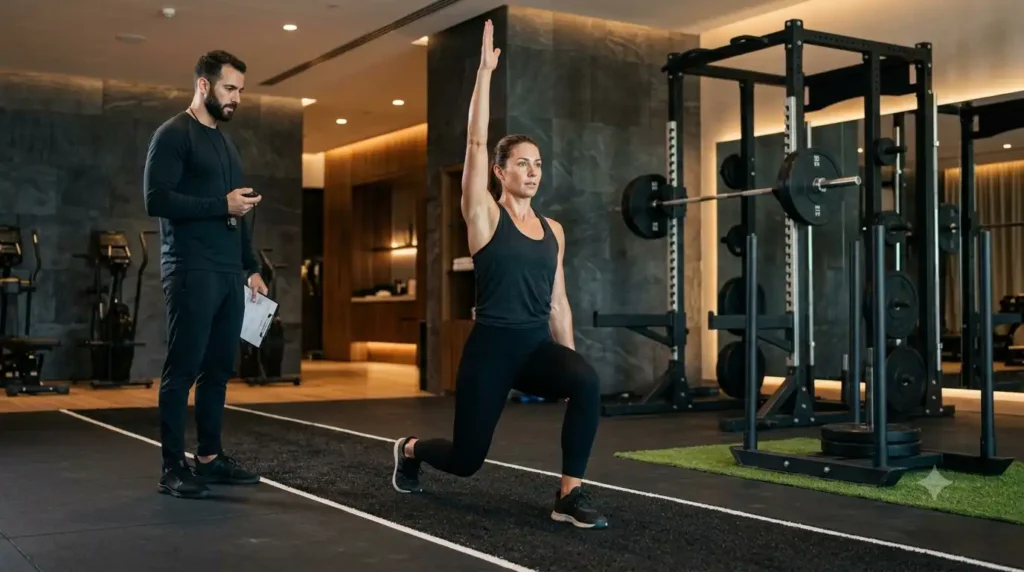 Fit woman performing a controlled walking lunge with overhead reach guided by a personal trainer in a luxury Muscat gym.