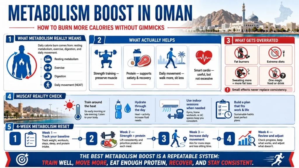 Metabolism Boost in Oman infographic showing strength training, protein, daily movement, cardio, hydration, and a four-week metabolism reset.