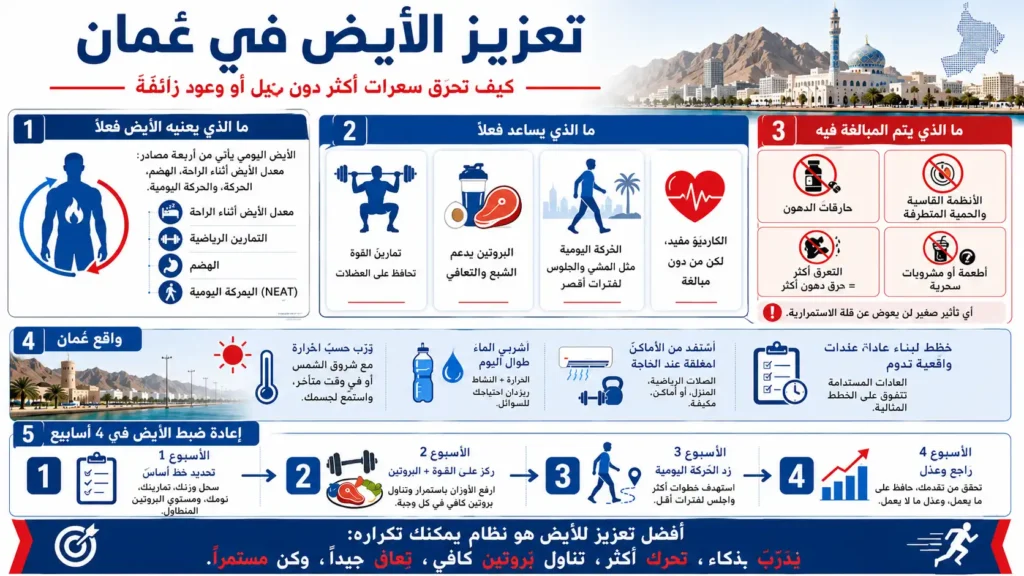 إنفوجرافيك يشرح تعزيز الأيض في عُمان من خلال تمارين القوة، والبروتين، والحركة اليومية، والكارديو، والترطيب، وخطة عملية لمدة أربعة أسابيع.