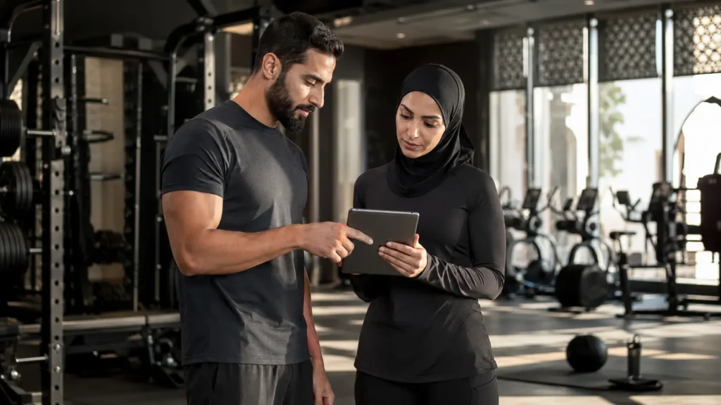 Coach and gym member reviewing a metabolism and fat-loss training plan on a tablet inside a premium gym in Muscat, Oman.