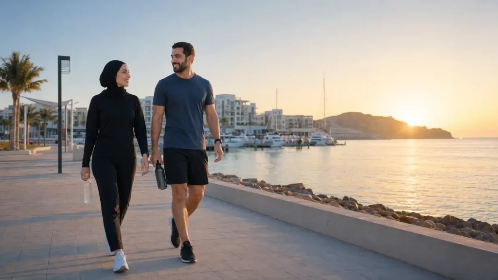Active Omani couple taking an early-morning recovery walk along the Al Mouj Muscat waterfront