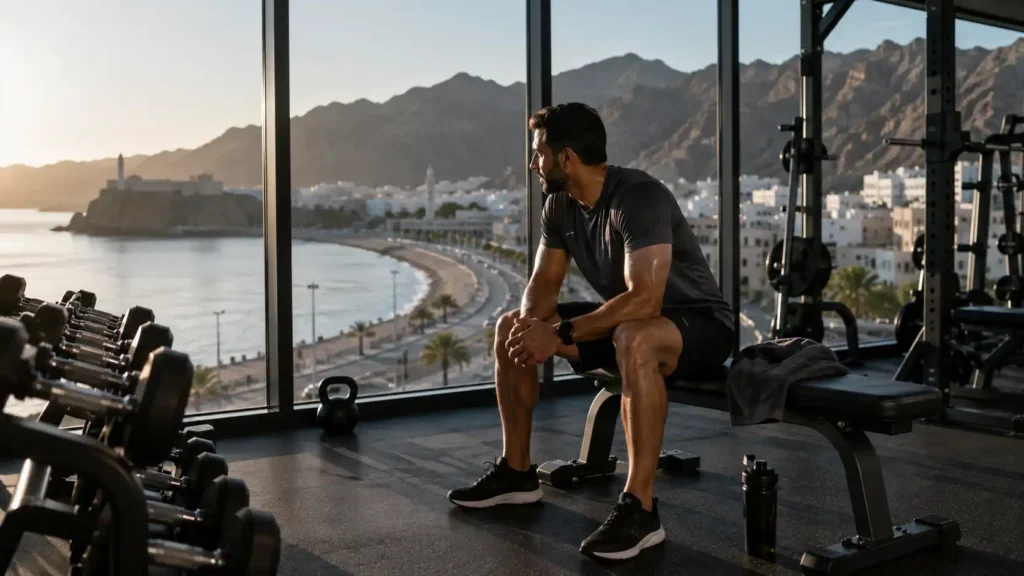 Athletic man resting after an early morning workout in a premium Muscat gym overlooking the Oman coast and mountains.