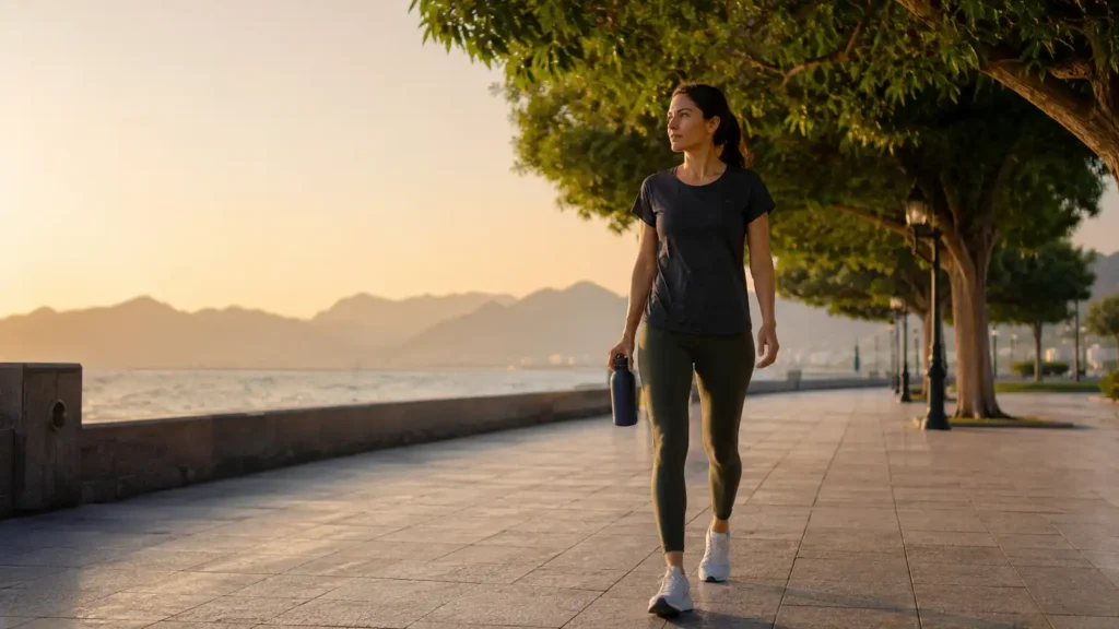 Athletic woman taking a sunrise walk along the Muscat coast while carrying a reusable water bottle to support hydration and daily movement.