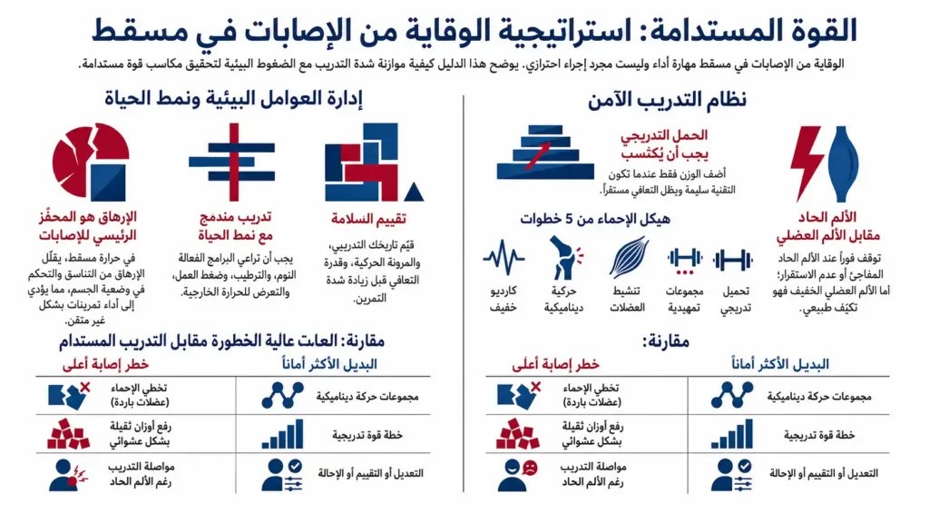 إنفوجرافيك عربي يشرح استراتيجية الوقاية من الإصابات في مسقط من خلال الإحماء الآمن، التحكم في الإرهاق، الحمل التدريجي، وعادات التدريب الصحيحة.