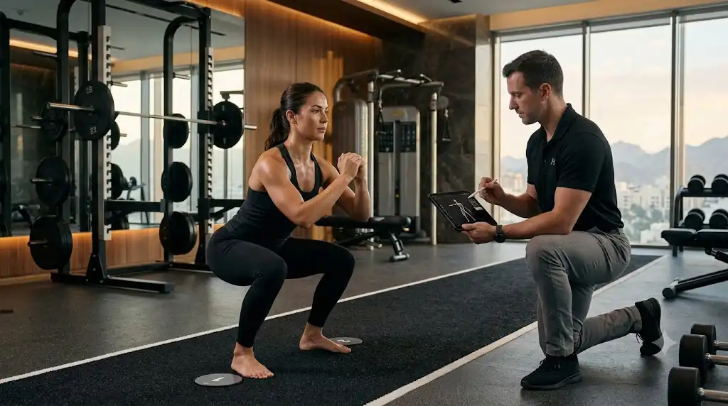 Female gym member performing a controlled bodyweight squat while a personal trainer analyzes form on a tablet in a modern Muscat gym.