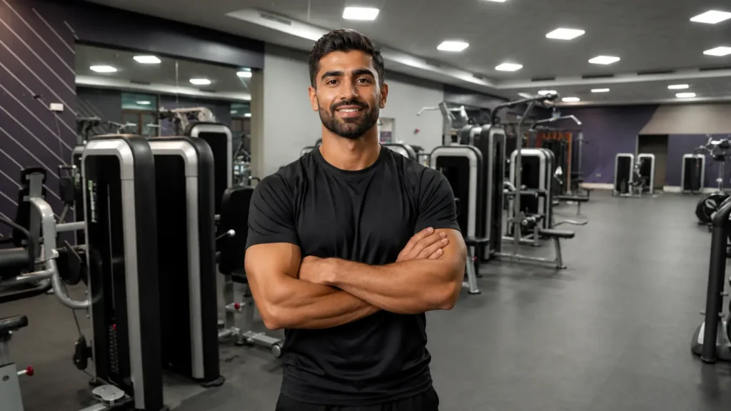 Omani fitness coach standing with folded arms inside a modern gym in Muscat, Oman.