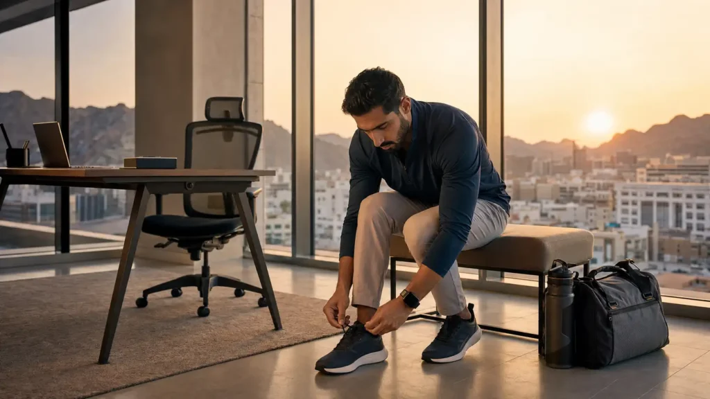 Omani professional tying his training shoes after work beside a modern office in Muscat
Image Title: Evening Workout Routine for Busy Professionals in Muscat