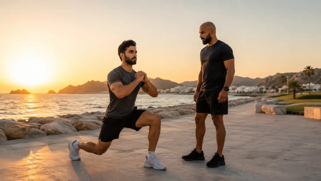 Athlete performing controlled lunges near Muscat coastline at sunrise while a coach monitors technique.