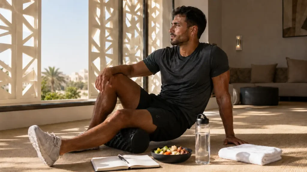 Athletic man using a foam roller after training with water, a recovery meal, towel, and workout notebook in a Muscat lounge.