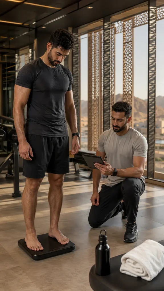 Athletic man standing on a digital scale while a coach records post-workout hydration data in a Muscat gym