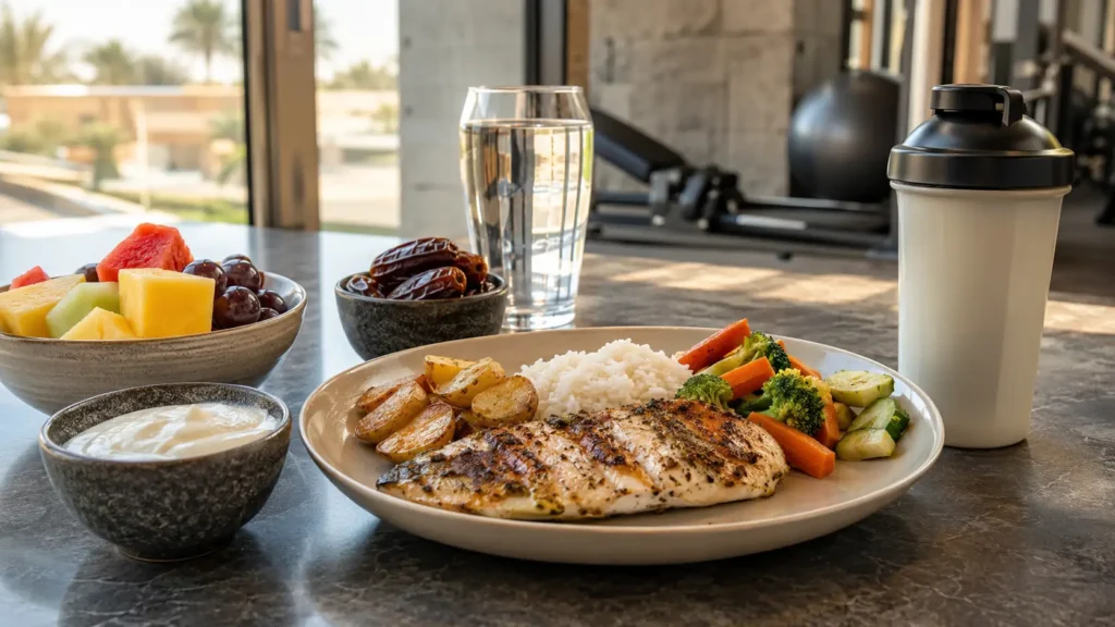 Balanced post-workout meal with grilled fish, rice, potatoes, vegetables, fruit, dates and yogurt in a Muscat gym café