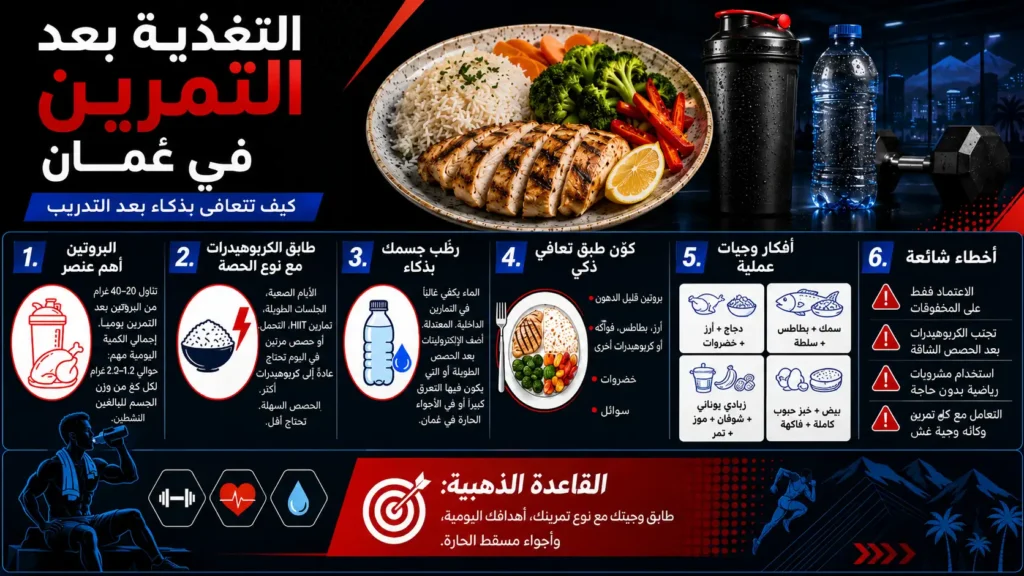 إنفوجرافيك عربي عن التغذية بعد التمرين في عُمان يوضح البروتين والكربوهيدرات والترطيب ووجبات التعافي والأخطاء الشائعة