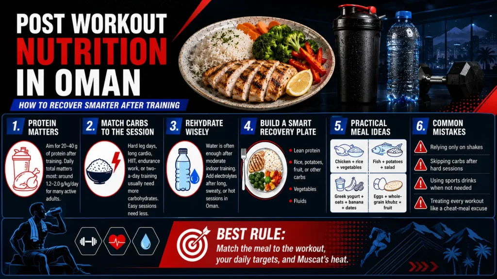 Post workout nutrition infographic showing protein, carbohydrates, hydration, recovery meals and common mistakes in Oman