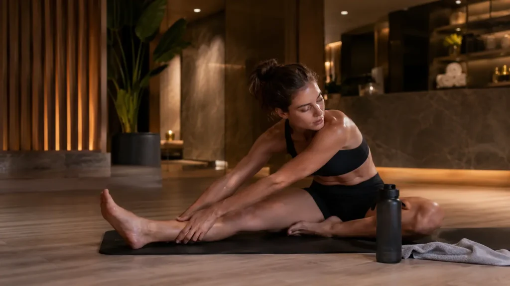 Athlete stretching on a mat after training in a calm recovery zone with water bottle and towel nearby.