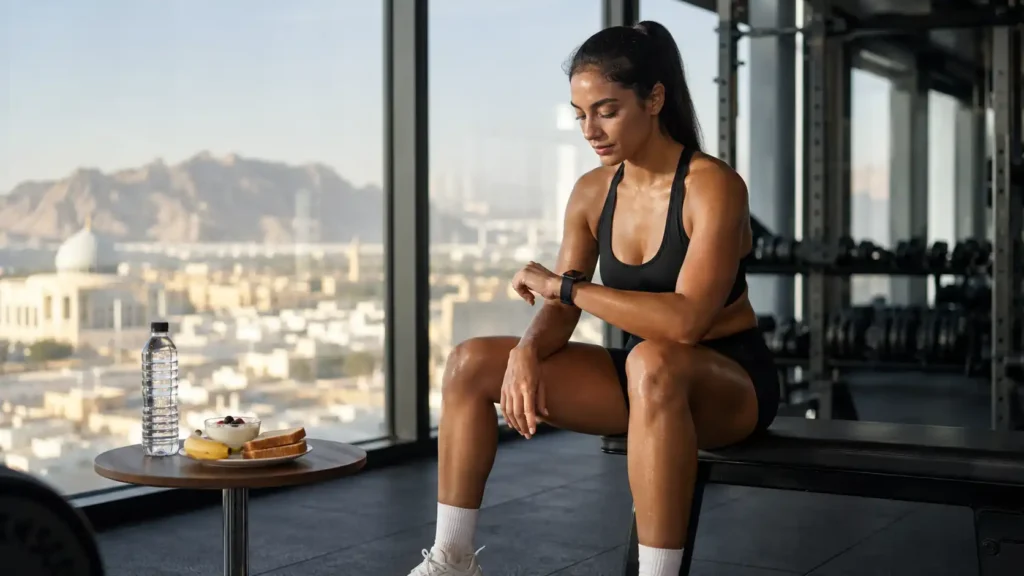 Female athlete sitting on a gym bench before a morning workout in Muscat with water, banana, yogurt, and toast beside her.