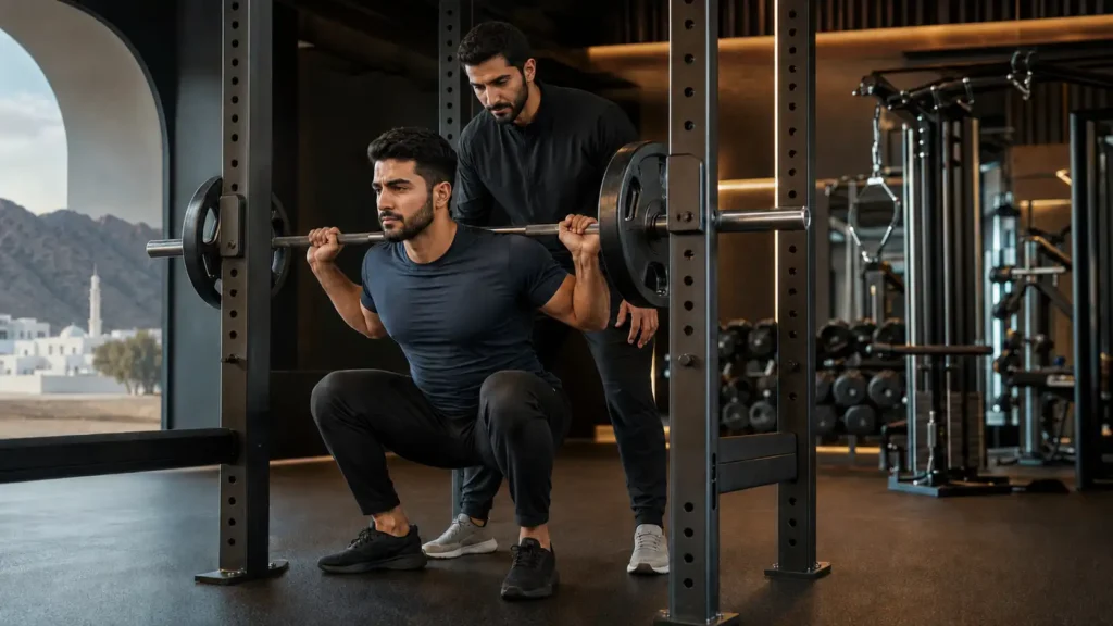 Omani man performing a controlled barbell squat with guidance from a fitness coach in a Muscat gym