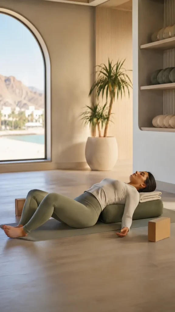 Woman practising supported restorative yoga with a bolster in a bright premium studio in Muscat