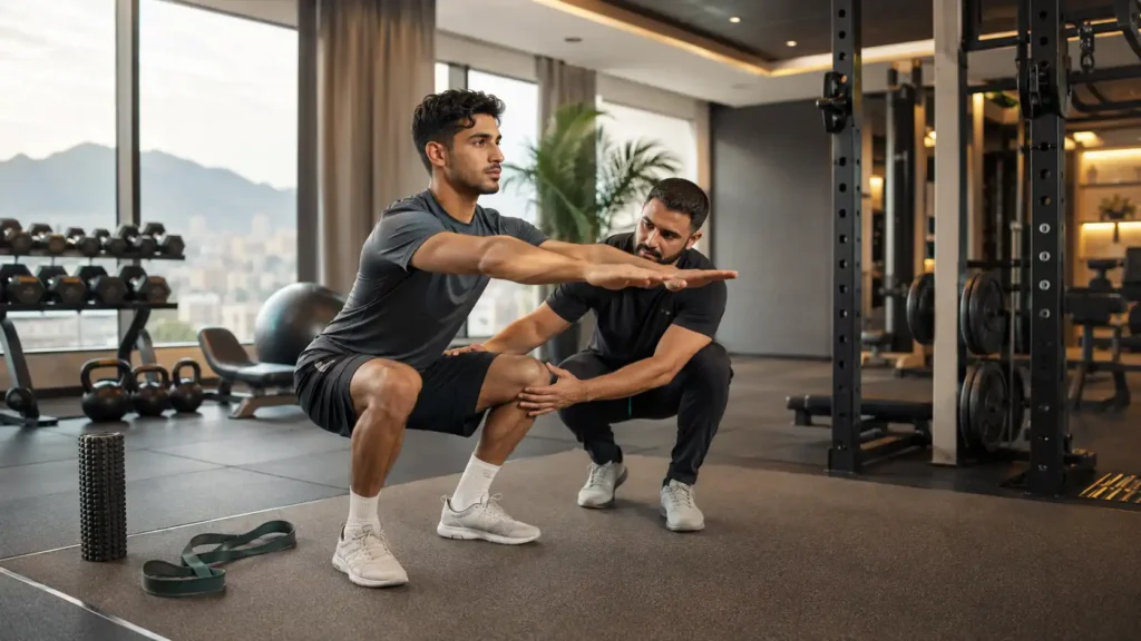 Coach guiding an athlete through a controlled squat for safe training and injury prevention in a modern gym in Oman.
