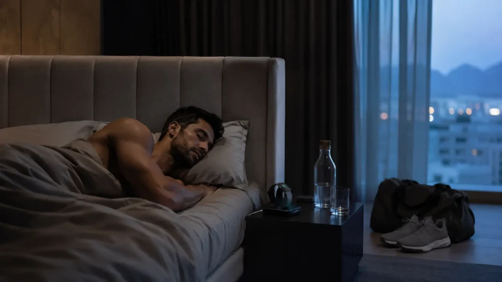 Athletic man sleeping in a premium bedroom after training with gym bag and smartwatch nearby in Muscat, Oman