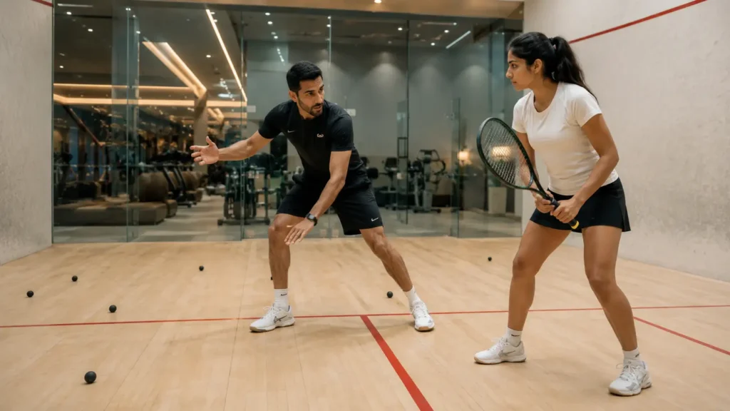 Professional squash coach teaching a beginner player court positioning and footwork in Muscat, Oman