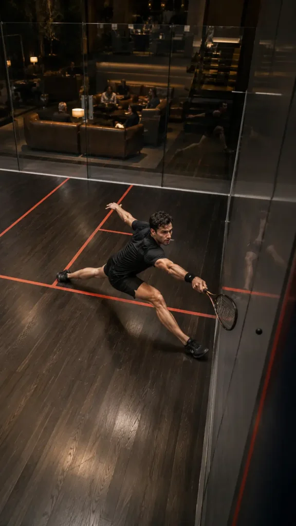 A squash rally can pull you forward for a drop shot, deep into a back corner and back toward the centre within seconds. That constant change of direction separates squash from steady cardio. You repeatedly accelerate, brake, lunge and reorganise your position.

The legs do much of the visible work, especially the quadriceps, glutes and calves, while the trunk and upper body stay involved. Your core controls rotation through the swing, and balance matters whenever you reach for a difficult ball but still need to recover.

Athletic squash player performing a deep front-corner lunge on an indoor squash court in Muscat, Oman
