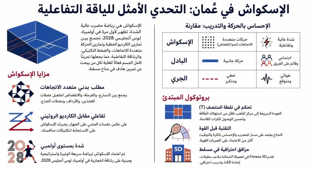 إنفوجرافيك يشرح فوائد الإسكواش في عُمان ومقارنة الحركة والتدريب ونصائح المبتدئين