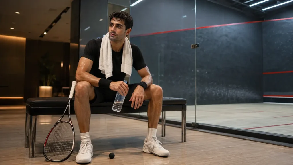 Tired squash player resting with water and towel beside an indoor squash court in Muscat, Oman