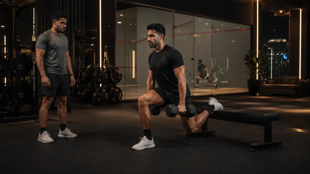 Squash player performing a Bulgarian split squat with dumbbells in a luxury gym in Muscat, Oman
