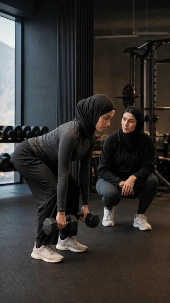 Woman performing a controlled dumbbell Romanian deadlift while a female coach observes technique in a premium Muscat gym.