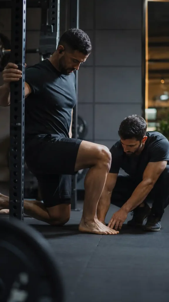 Male athlete performing an ankle mobility drill while a coach checks foot and knee alignment in a premium gym in Muscat, Oman.